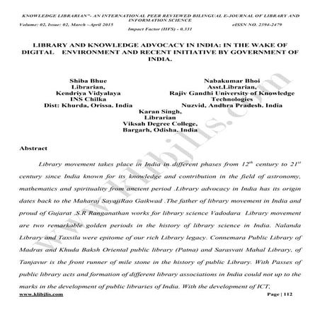 LIBRARY AND KNOWLEDGE ADVOCACY IN INDIA: IN THE WAKE OF