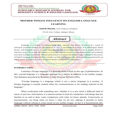 MOTHER TONGUE INFLUENCE ON ENGLISH LANGUAGE LEARNING 