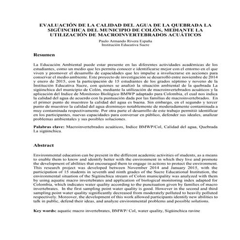 Bioma (Evaluación de la calidad del agua de la quebrada la siguinchica del mu...
