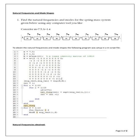 Natural Frequencies and Mode shape vectors for 10 Mass-Spring system