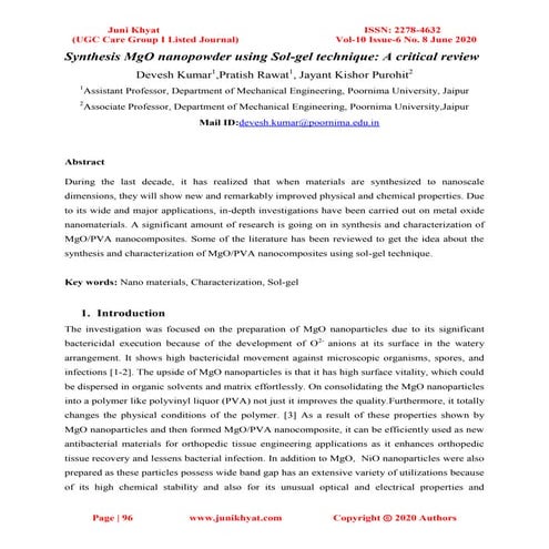 Synthesis MgO nanopowder using Sol-gel technique: A critical review
