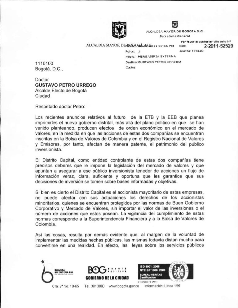 Carta de la Alcaldesa dirigida al Alcalde Electo Anuncios sobre la
