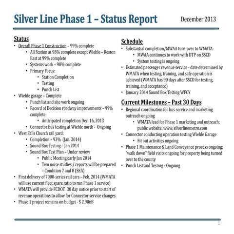 Silver Line Phase 1 Status Report | PPTX
