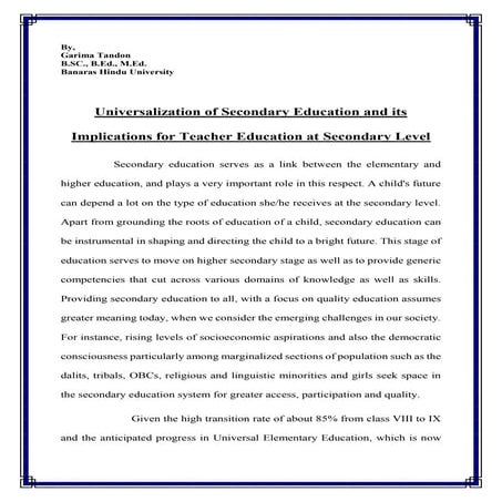 Universalization of Secondary Education and its Implications for Teacher Educ...