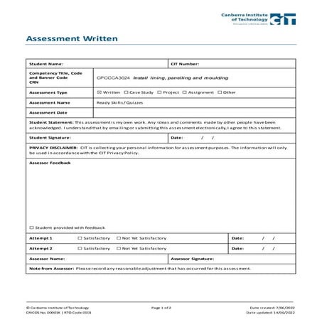 Written Assessment Guide - Install lining panelling moulding