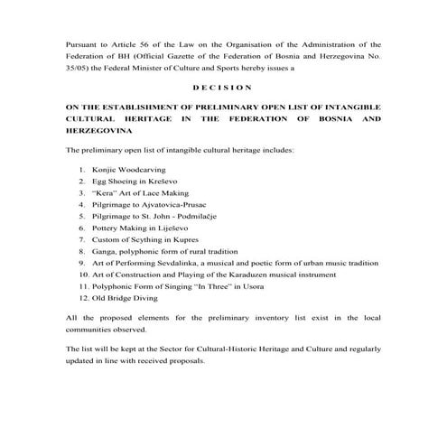 Bosnia and Herzegovina: On the establishment of a Preliminary Open List of Intangible Cultural Heritage in Bosnia and Herzegovina