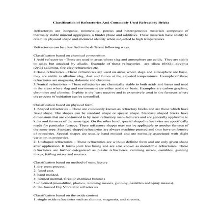 classification of refractories and commonly used refractory bricks