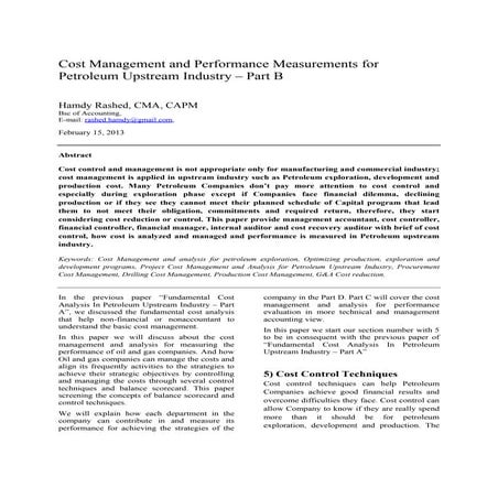 Cost management and performance evaluation in petroleum upstream industry part b