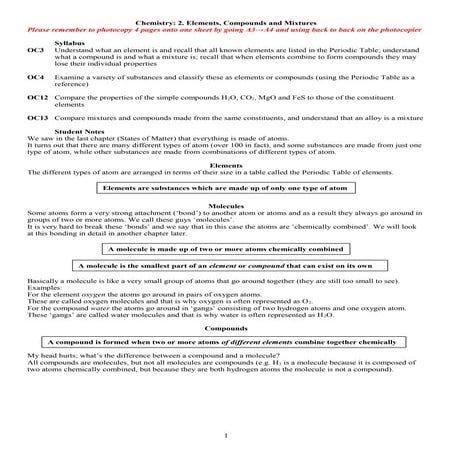 elements, compounds and mixtures