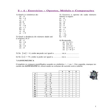 2 exercícios- opostos, módulos e comparações | DOC