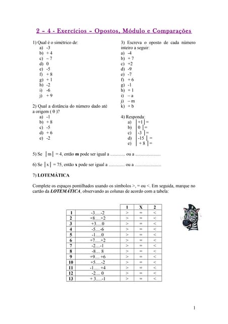 2 exercícios- opostos, módulos e comparações | DOC