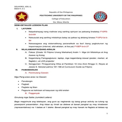 K-TO-12 GRADE 10 FILIPINO Unang Markahan 