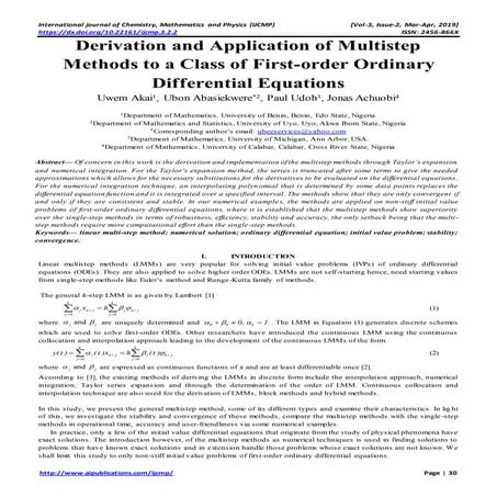 Derivation and Application of Multistep Methods to a Class of First-order Ord...