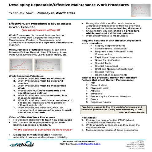 Tool Box Talk - Developing Effective and Repeatable Procedures (begin the con...