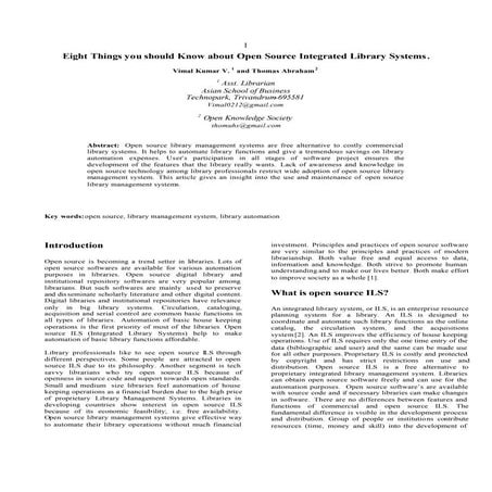 Eight Things you should Know about Open Source Integrated Library Systems.