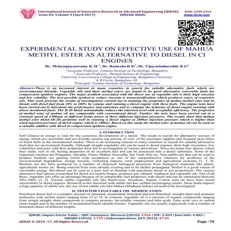 EXPERIMENTAL STUDY ON EFFECTIVE USE OF MAHUA METHYL ESTER AS ALTERNATIVE TO D...