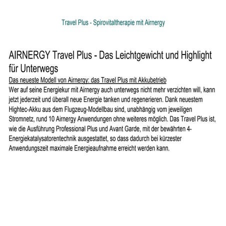 Travel Plus - Spirovitaltherapie mit Airnergy