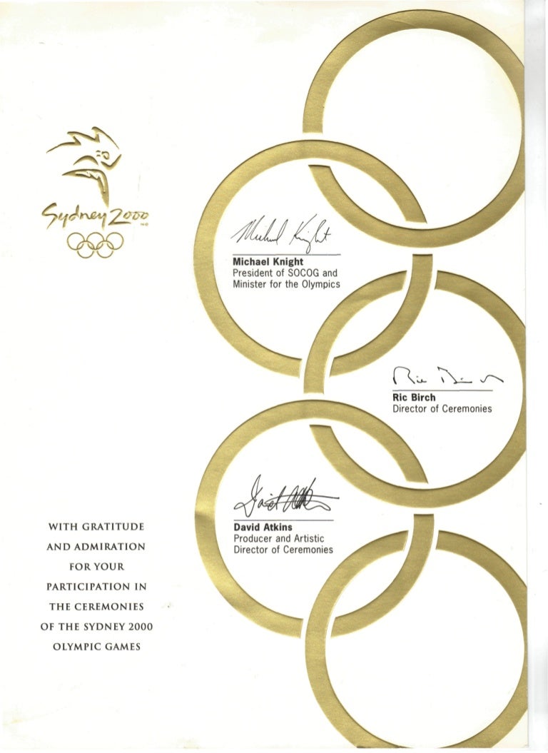 2000 Certificate Of Participation Sydney Olympic Games