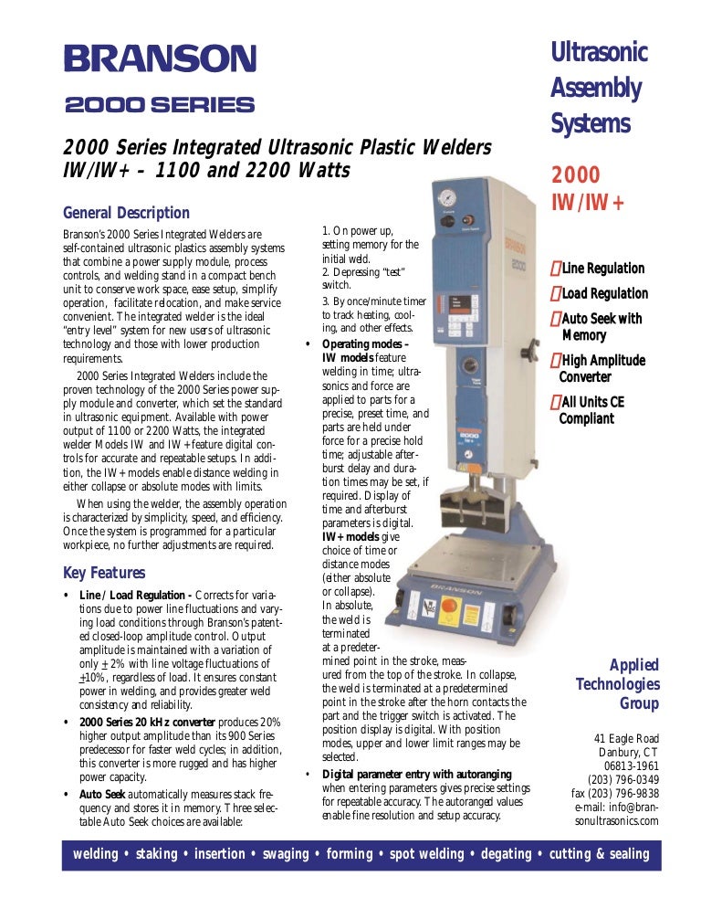 Branson 2000 Iw Ultrasonic Welder User Manual Branson 2000 Iw Ultrasonic Welder User Manual