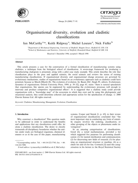 Organisational diversity, evolution and cladistic classifications