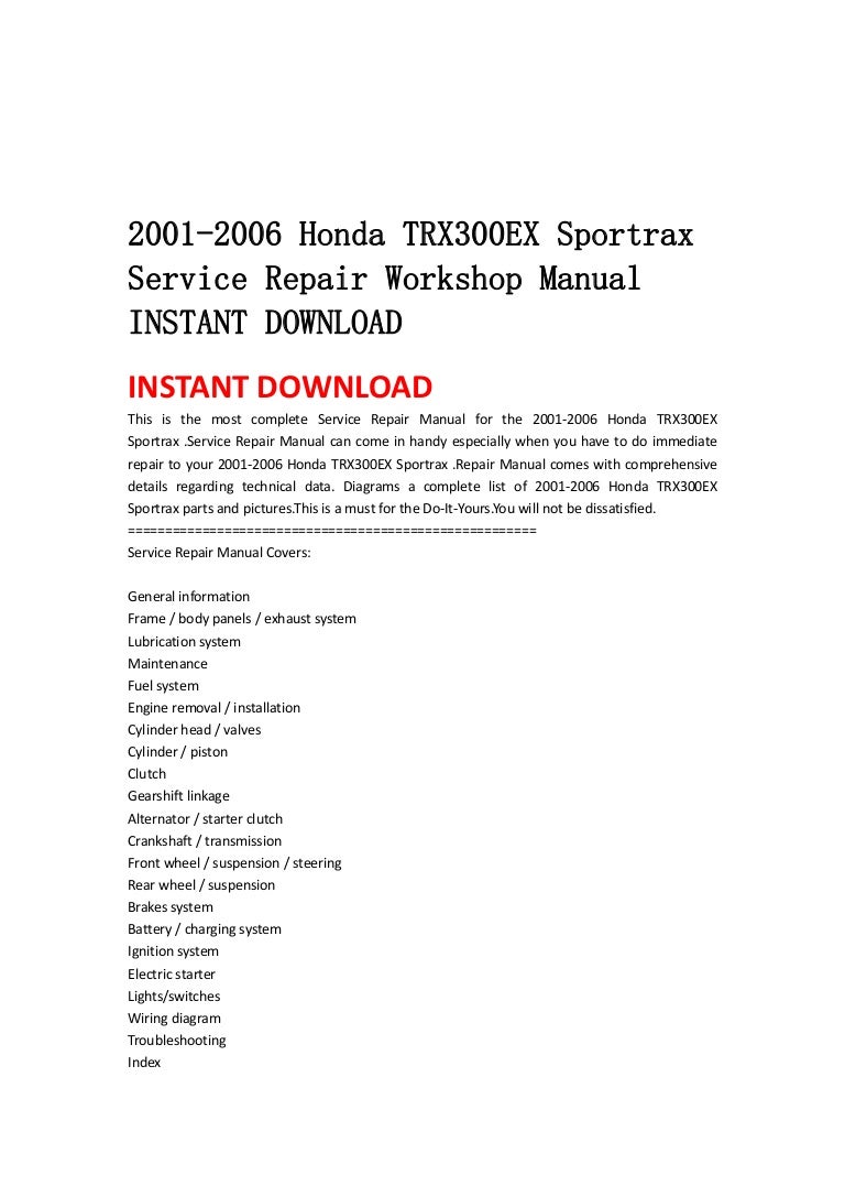 2001 2006 honda trx300 ex sportrax service repair workshop manual instant download