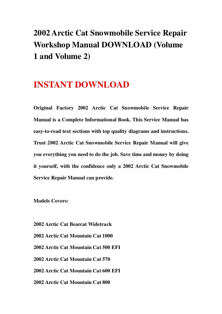 2002 Arctic Cat Snowmobile Service Repair Workshop Manual DOWNLOAD (V…