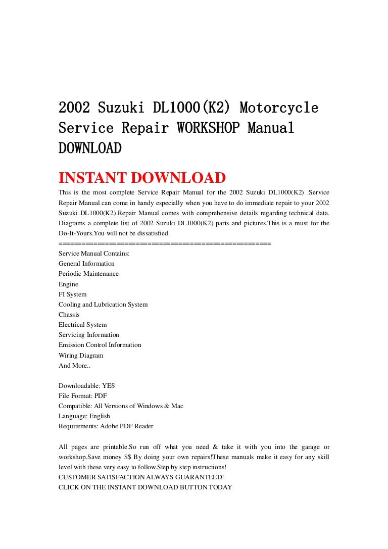 2002 suzuki dl1000(k2) motorcycle service repair workshop manual down… 2002-2009  Suzuki DL1000 V-Strom ...