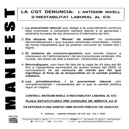 2003.05.25 CGTFESANCAT MANIFEST - LA CGT DENUNCIA GRAN INESTABILITAT LABORAL ICS