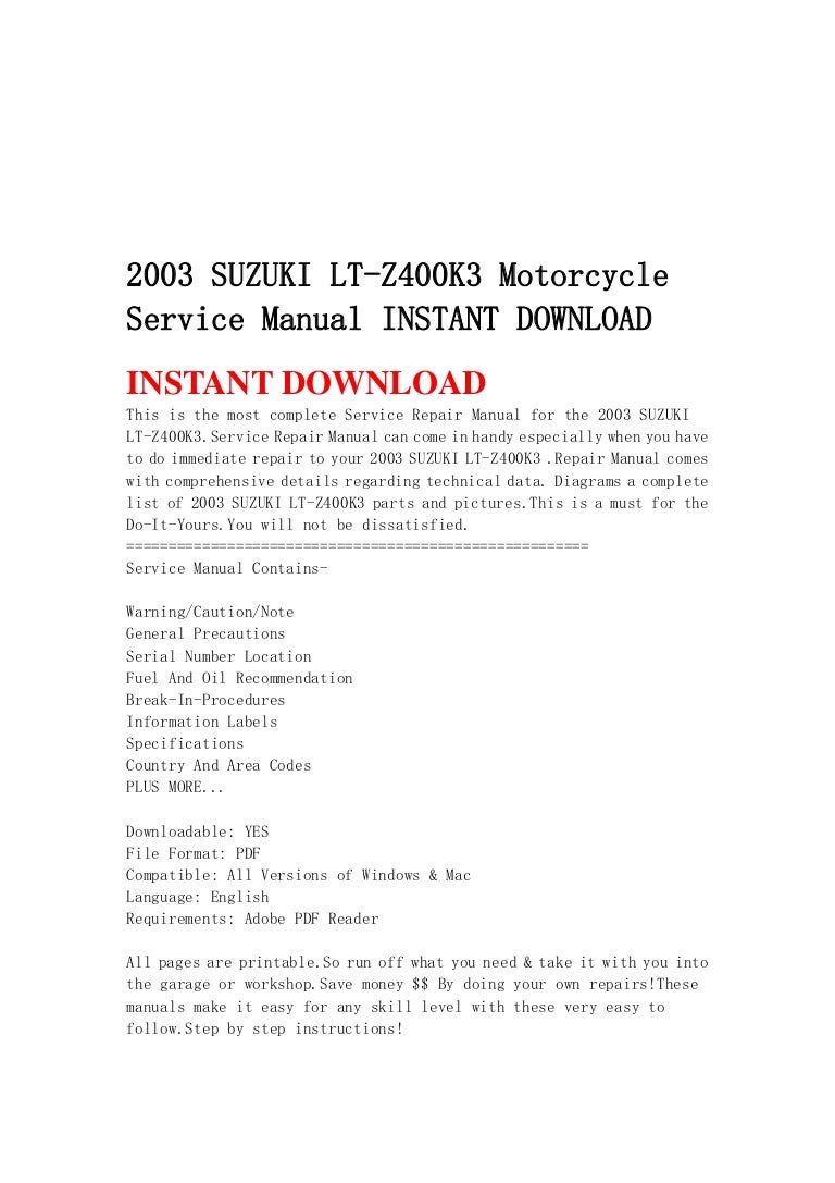 2003 suzuki lt z400 k3 motorcycle service manual instant download. 2003  Suzuki SV1000S Service Repair ...