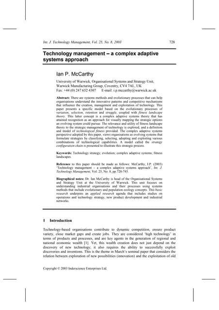 Technology Management - A Complex Adaptive Systems Approach