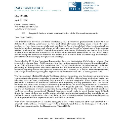 Joint IMGT - AILA Letter to State Dept re Health Care workers