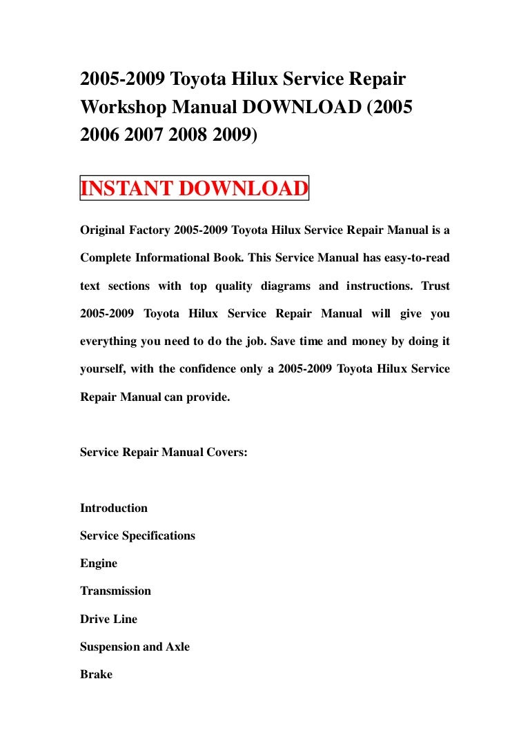 2005 2009 toyota hilux service repair workshop manual download (2005 2006  2007 2008 2009)