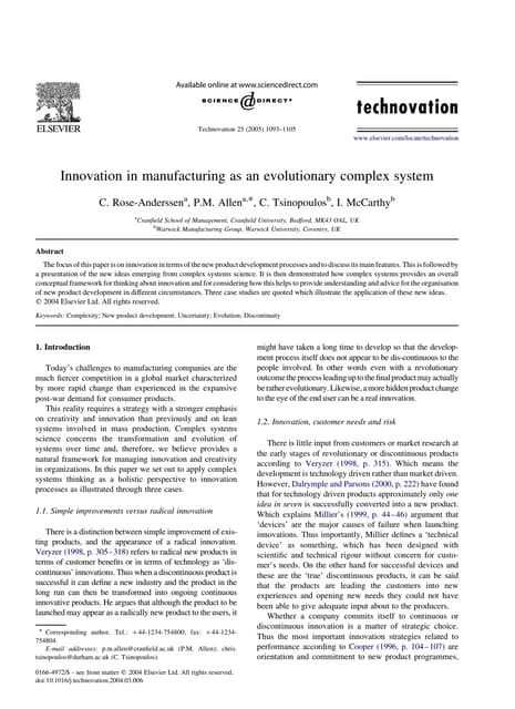 Innovation in manufacturing as an evolutionary complex system