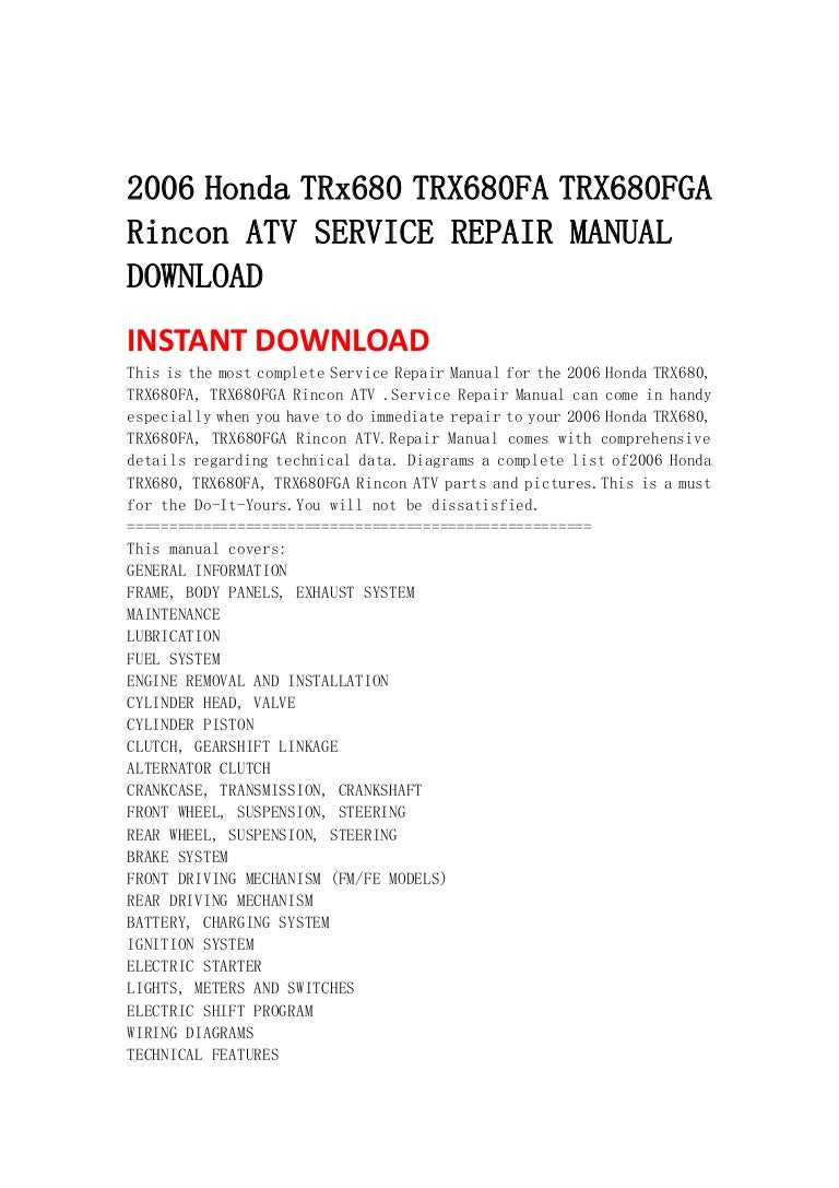 2006 honda t rx680 trx680 fa trx680fga rincon atv service repair manu…