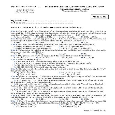 Đề thi đại học 2007 môn Hóa Học khối A