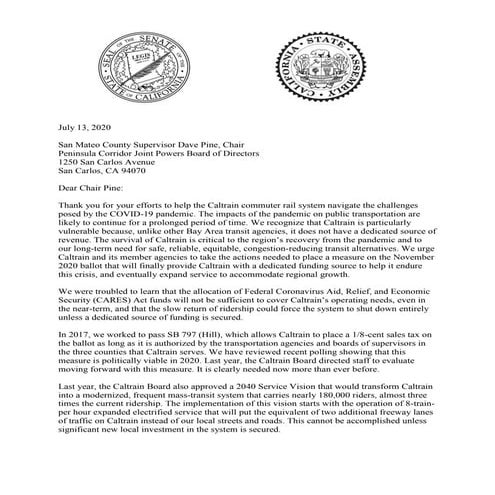 West Bay Legislators support Caltrain ballot measure