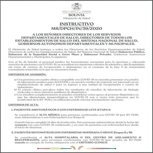 Instructivo del Ministerio de Salud sobre el Covid-19.