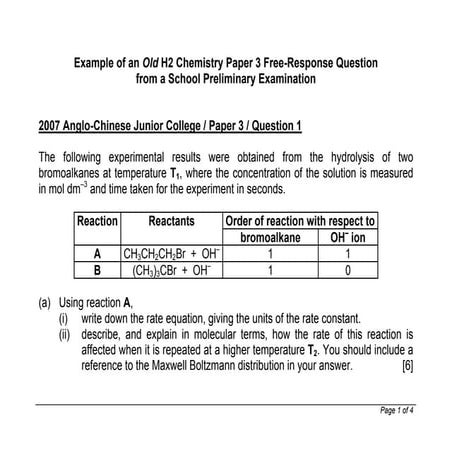 2007 ACJC Preliminary Examination, H2 Chemistry Syllabus 9647, Paper 3, Quest...