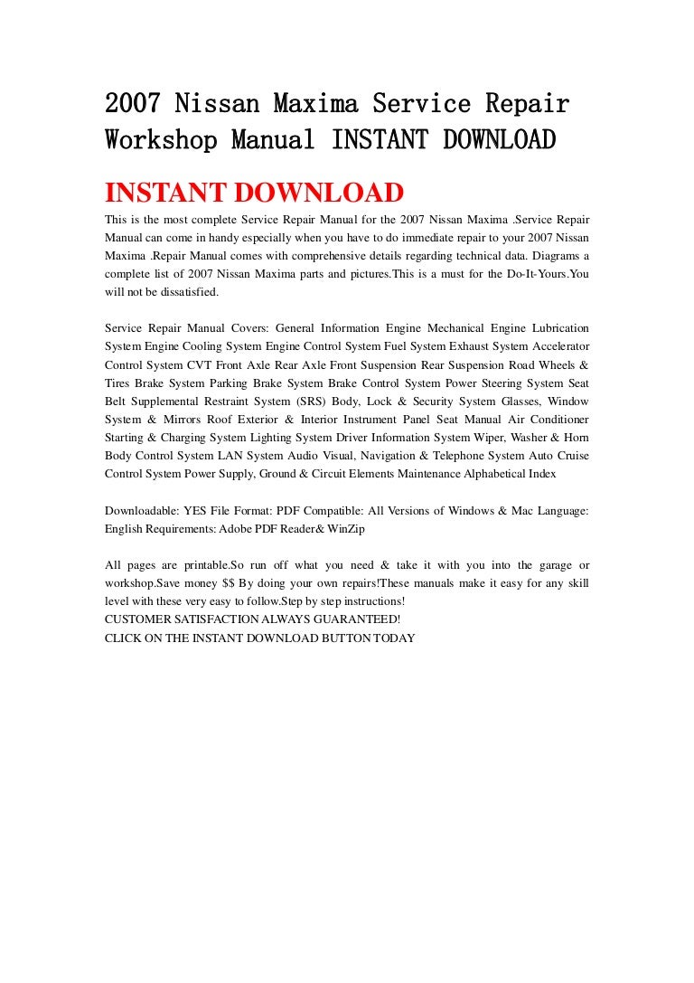 2007 nissan maxima service repair workshop manual instant download