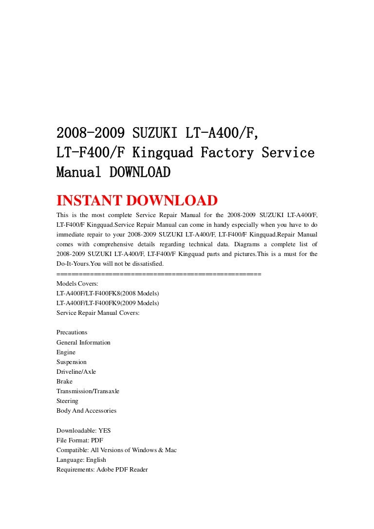 2008 2009 suzuki lt-a400 f, lt-f400f kingquad factory service manual  download