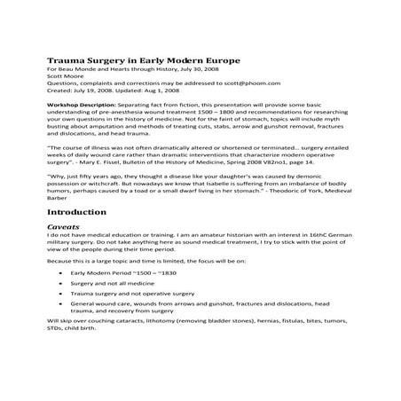 Handout for Trauma Surgery in Early Modern Europe | PDF