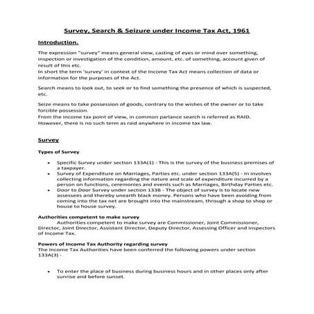 Survey, Search and seizure Under Income Tax Act