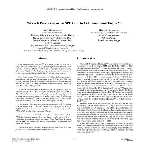 Network Processing on an SPE Core in Cell Broadband EngineTM