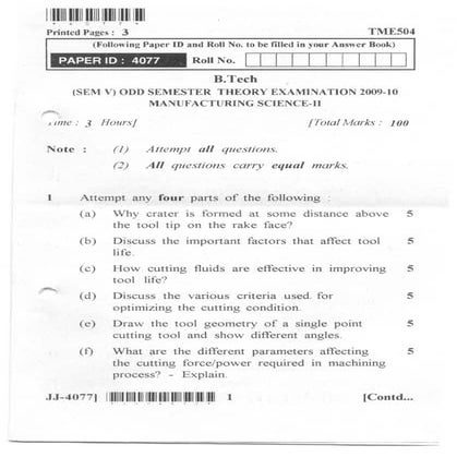 manufacturing science-II university question paper 2009-10 (UPTU)