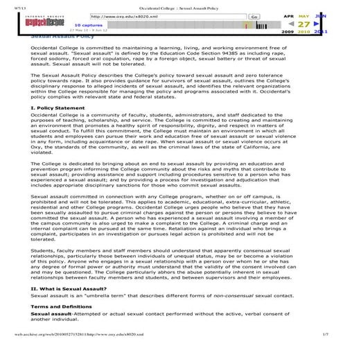 2009-2010 Occidental College Sexual Assault Policy