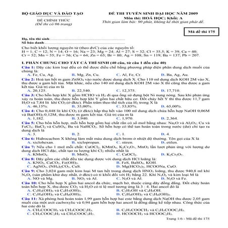 Đề thi đại học 2009 môn Hóa Học khối A