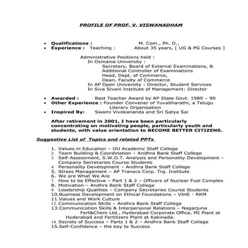 20090926   Prof. V. Viswanadham - Profile And Power Point Presentations