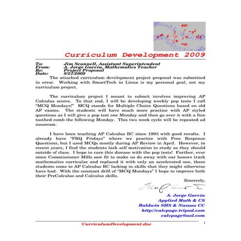 2009 Curriculum Development Memo
