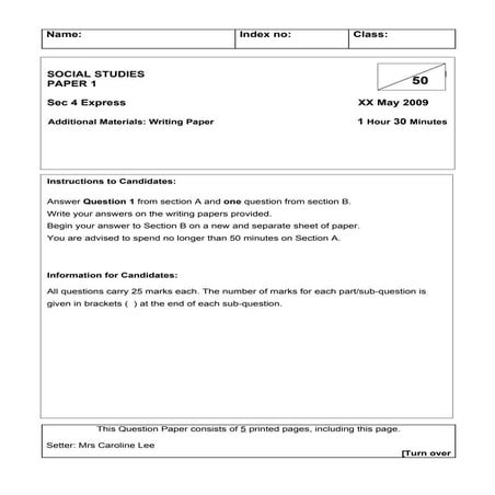 2009 My Social Studies 4 Exp Question Paper For Nhhs