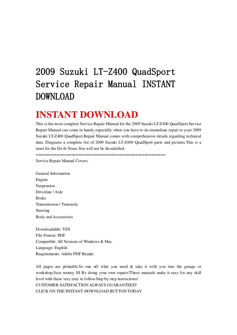 2009 suzuki lt z400 quad sport service repair manual instant download